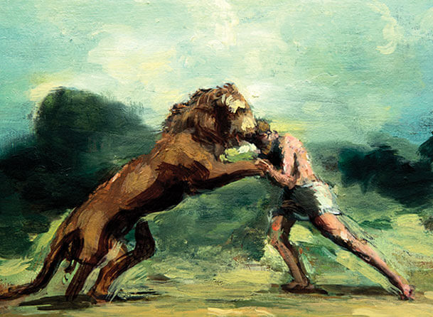 Heracles vecht met leeuw